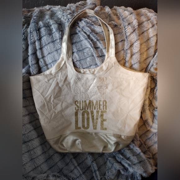 Victoria's Secret Handbags - Victoria's Secret Summer Love Shimmer Canvas Sparkle Gold Tote Bag